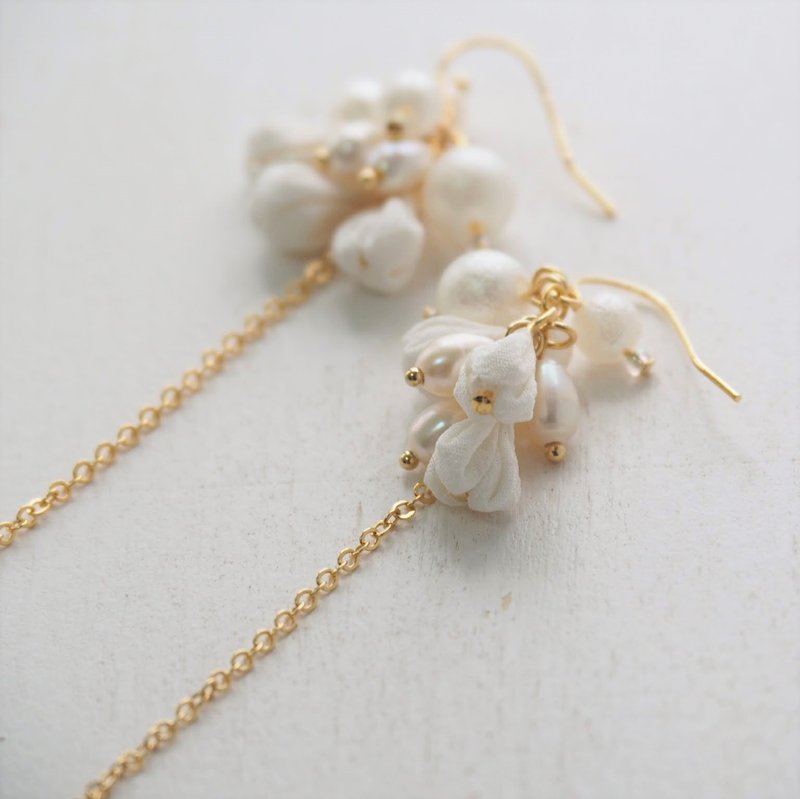 纯白花苞淡水珍珠定制耳环耳夹 14kgf 925 - 耳环/耳夹 - 丝．绢 白色