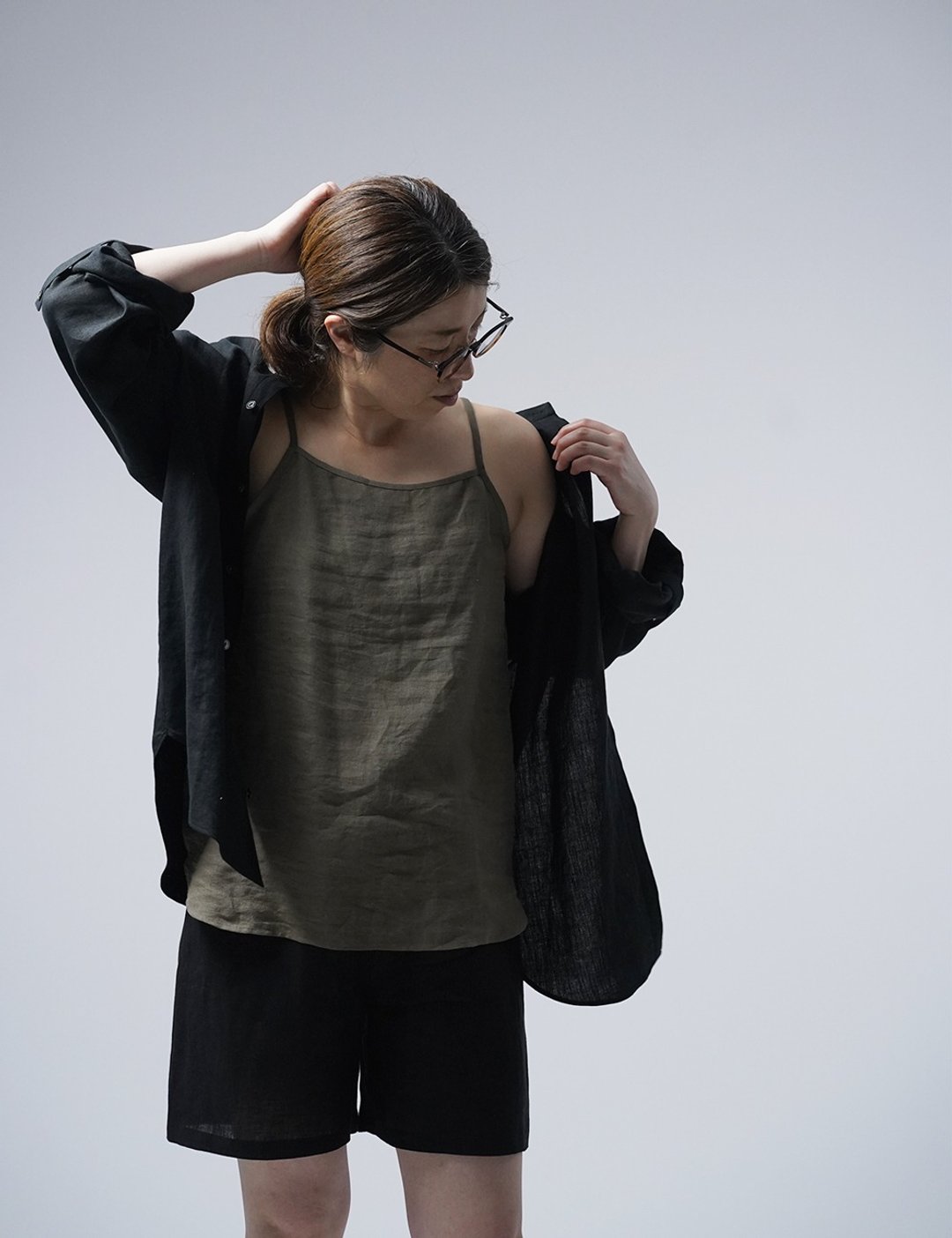 Large size - wafu Linen Camisole/White, Sakura, Dusty Olive p004k - 女装上衣 - 亚麻 卡其色