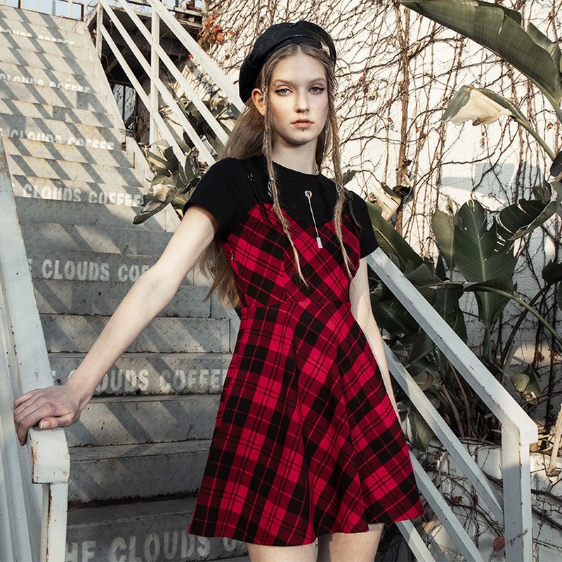 异教徒爱心护符格纹洋装 - 仅有红 / 假两件 / 即将绝版 - 洋装/连衣裙 - 其他材质 红色