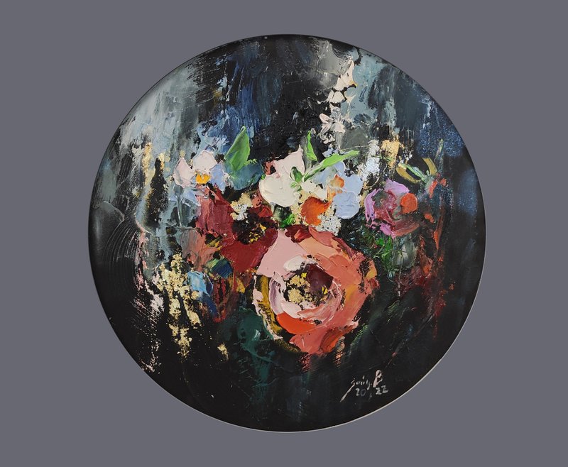 Peonies original oilpainting 牡丹花 小油画 flowers small art 抽象绘画 round canvas - 墙贴/壁贴 - 其他材质 黑色