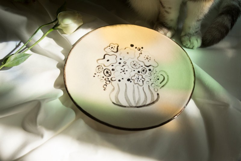 黑白花花手捏圆盘 蛋糕盘 - 盘子/餐盘/盘架 - 陶 橘色