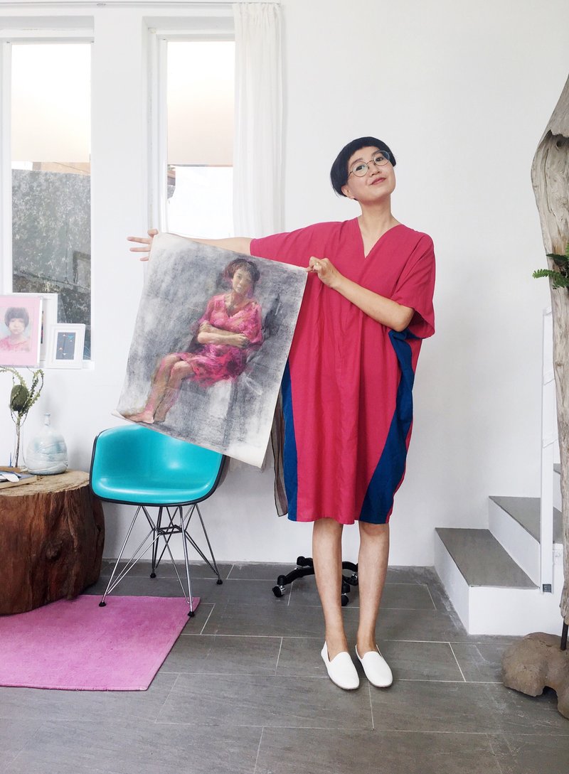 棉麻 拼色裙 洋装 - 洋装/连衣裙 - 棉．麻 蓝色