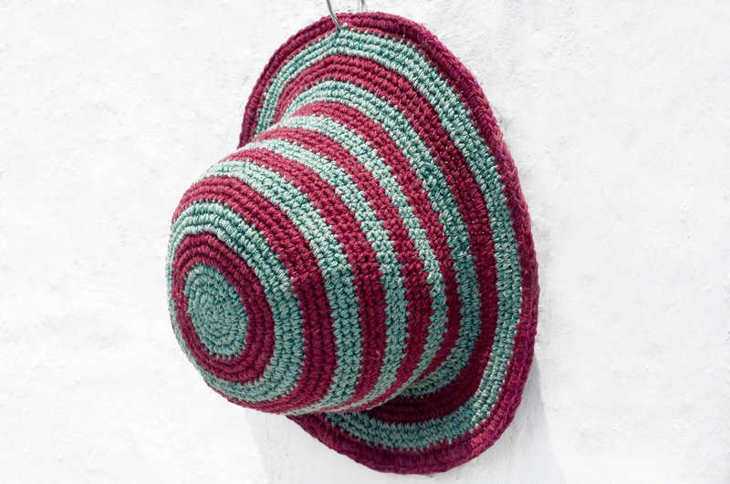 七夕礼物 限量一件 Boho编织棉麻帽/编织帽/渔夫帽/遮阳帽/草帽 - 绿色魔幻森林 条纹 民族风手织帽 - 帽子 - 棉．麻 多色