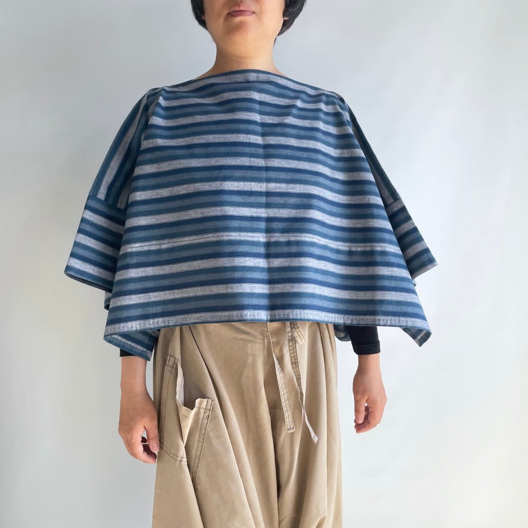 【三河木绵】短版和服袖套头罩衫 全手工缝制 - 鲣缟 - 女装上衣 - 棉 蓝色