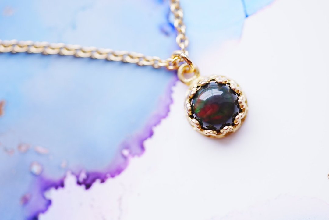 【14kgf】Black Opal Fullmoon necklace - 项链 - 半宝石 黑色