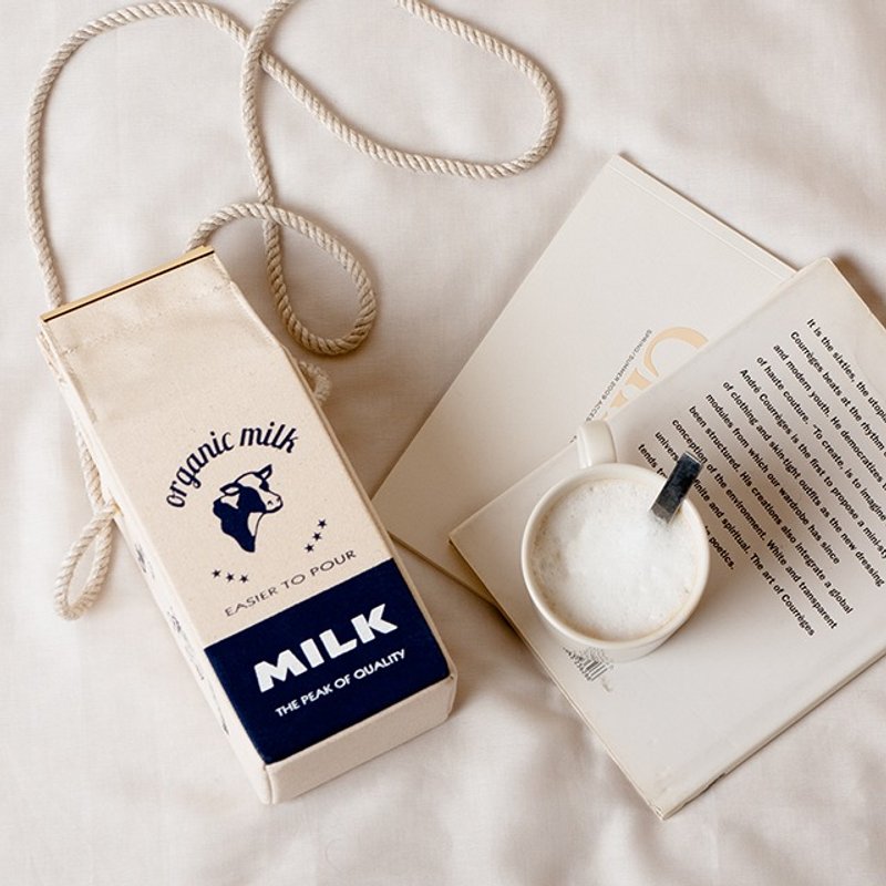 有机牛奶盒肩背包 Organic milk pochette  --  FRENCH NAVY - 侧背包/斜挎包 - 棉．麻 白色