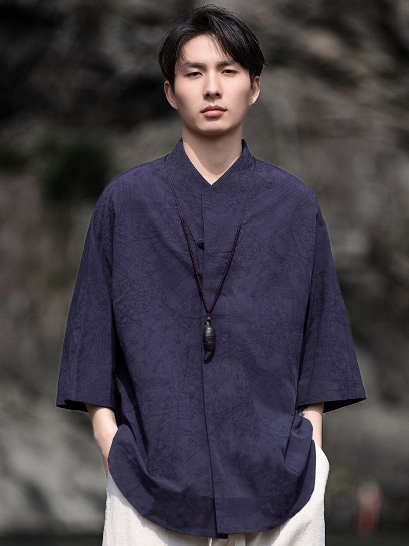 新中式复古 亚麻短袖衬衫 立领唐装 七分袖 - 男装衬衫 - 其他材质 多色