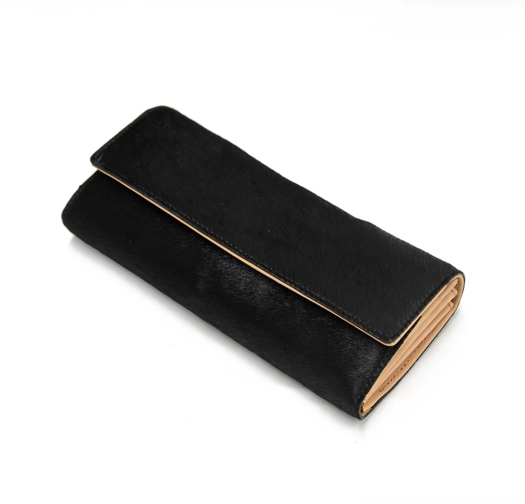 Short fur Garcon wallet Long wallet 20 cards Named leather with hair Cowhide Genuine leather Fur [kuro] TOW009 - 皮夹/钱包 - 真皮 黑色