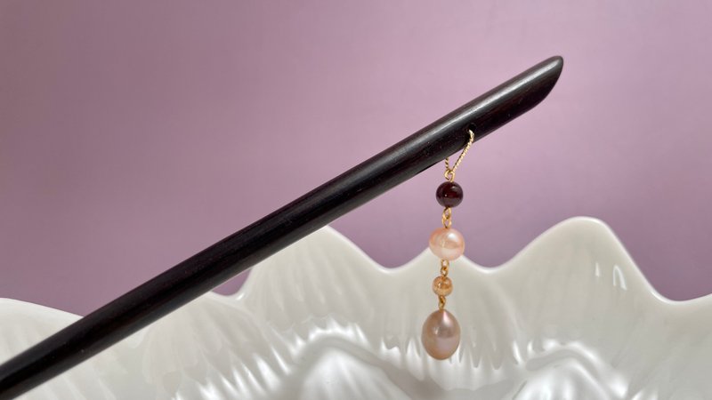 国风发簪 天然淡水珍珠 黑檀木 石榴石 木簪子 - 发饰 - 珍珠 粉红色