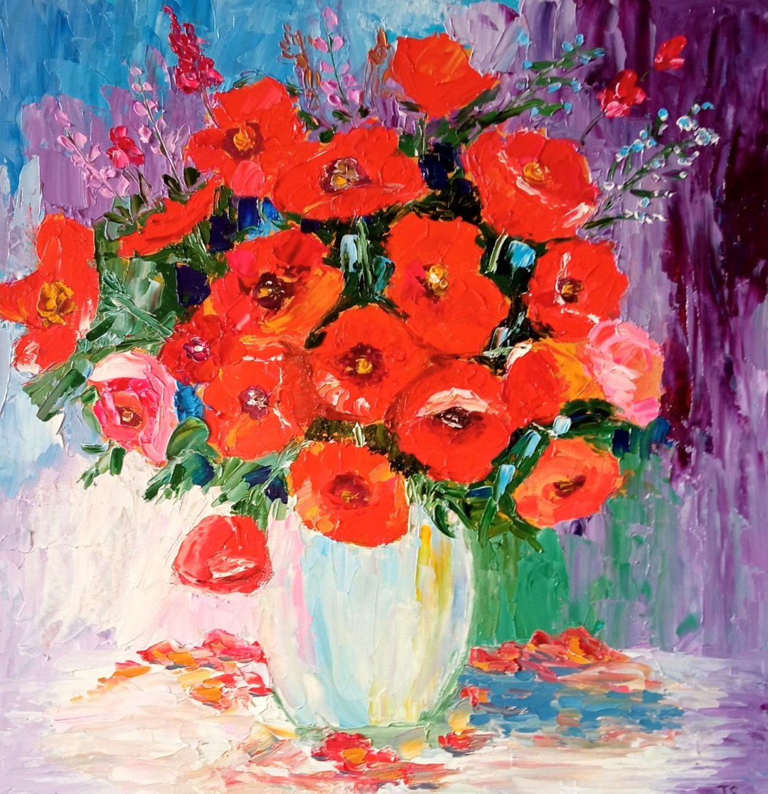 Original author's oil painting Poppies bouquet. 30x30 cm. Unframed - 墙贴/壁贴 - 其他材质 