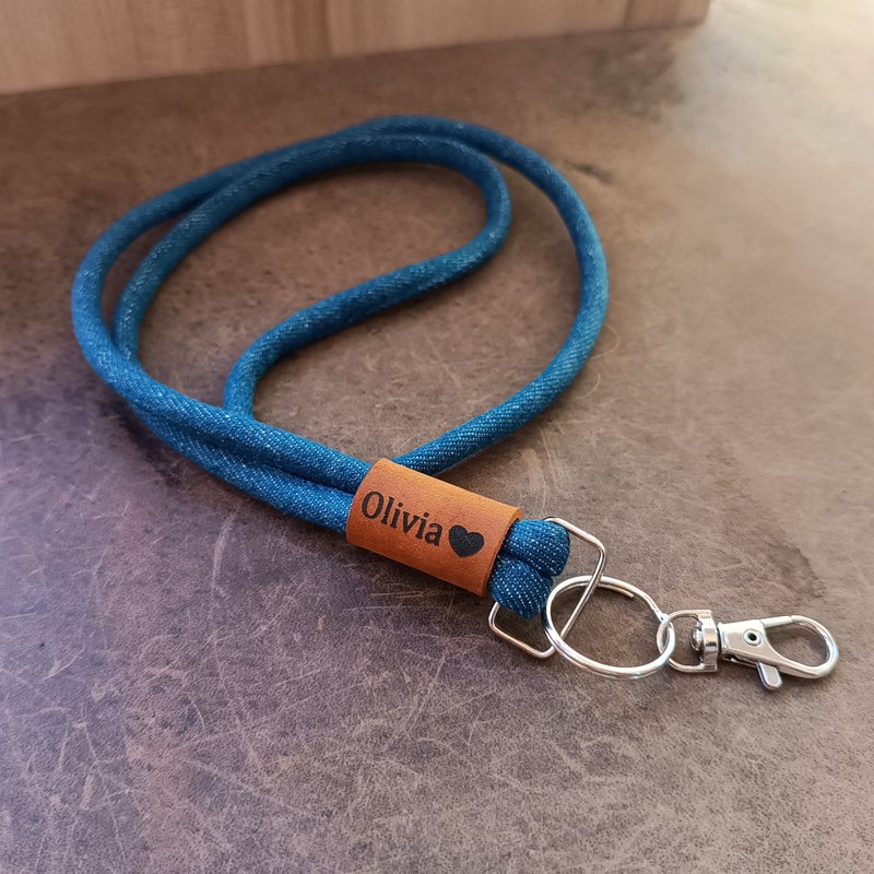 定制手工丹宁与皮革颈链或腕带 适合钥匙、证件与手机 - 挂绳/吊绳 - 真皮 蓝色