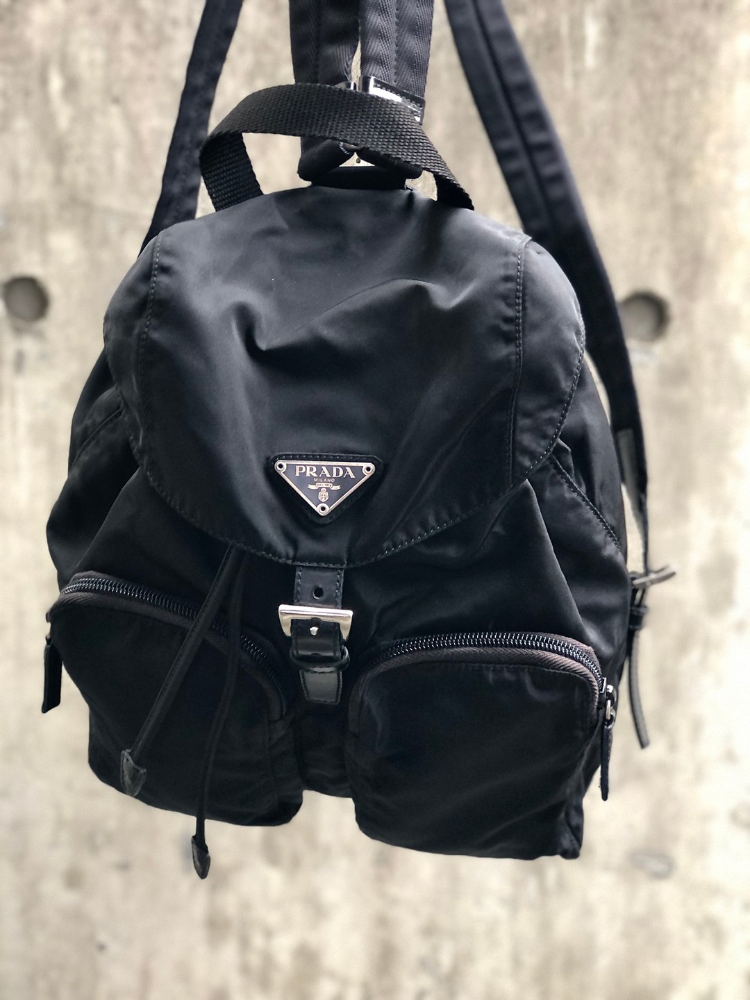 [Japan direct delivery name plate used package] PRADA Prada triangle logo nylon x leather double pocket backpack rucksack black 6bhxb5 - 后背包/双肩包 - 尼龙 黑色