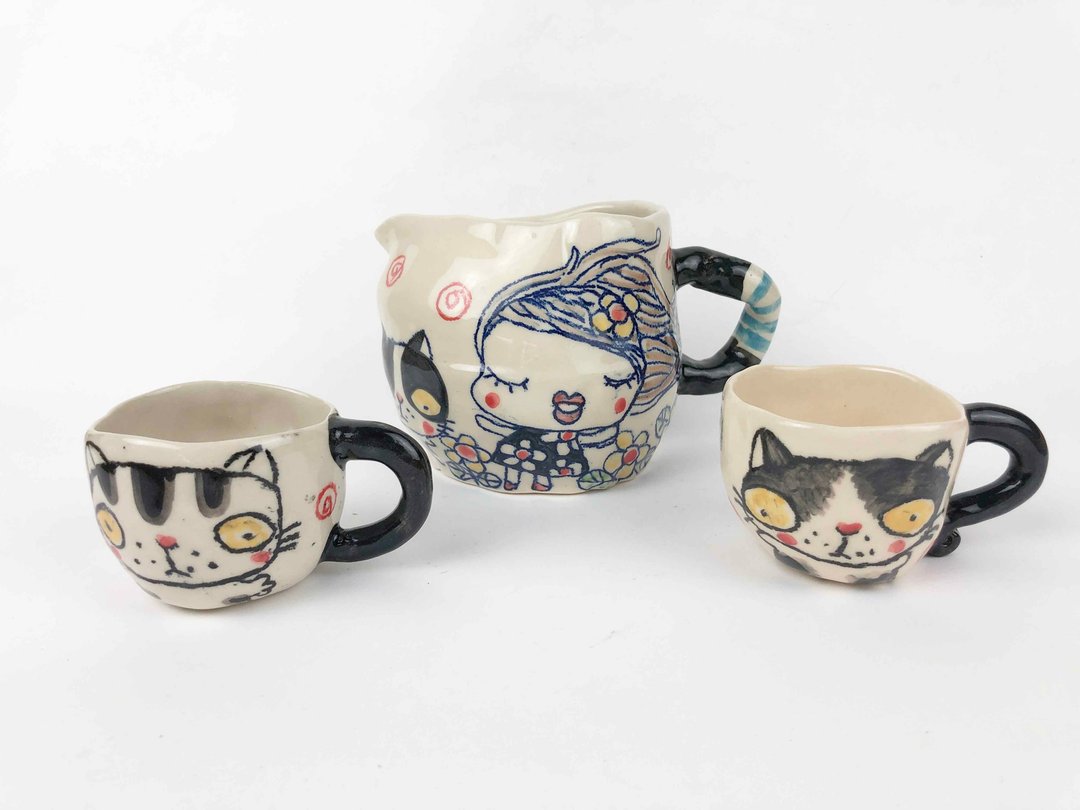 Nice Little Clay 手工茶具组 男孩女孩与猫 0903-01 - 茶具/茶杯 - 陶 多色