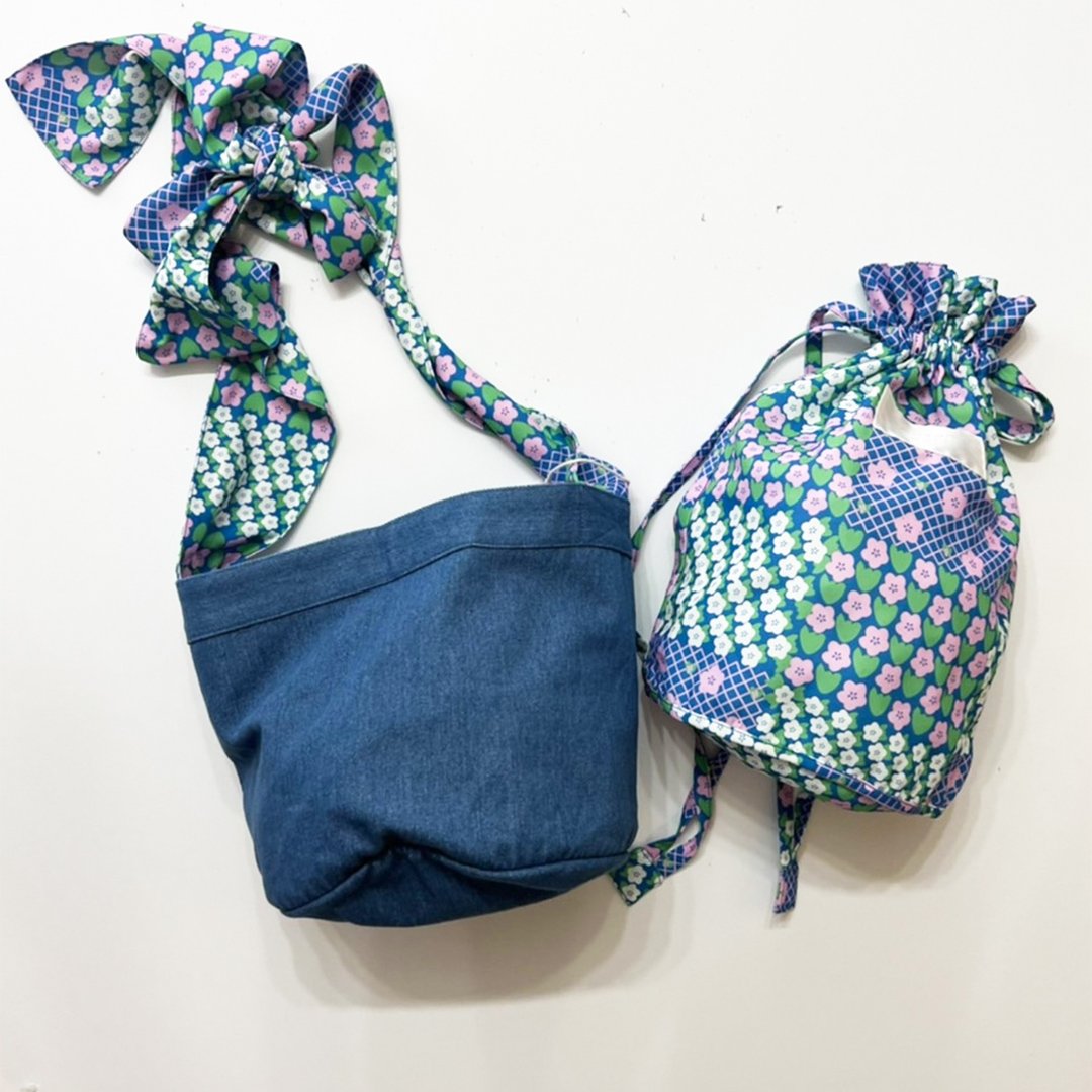 Reversible Bucket Bag 【purse SET 】【SAKURA SERIES】 - 侧背包/斜挎包 - 棉 蓝色