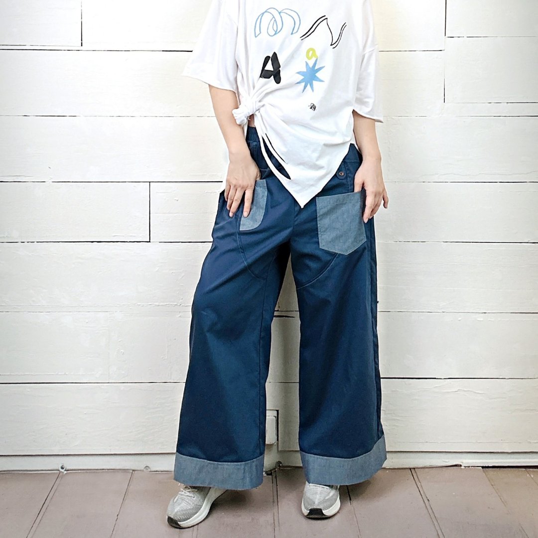 蓝 - 口袋裤脚拼接宽裤 #T2253 - 女装长裤 - 棉．麻 蓝色