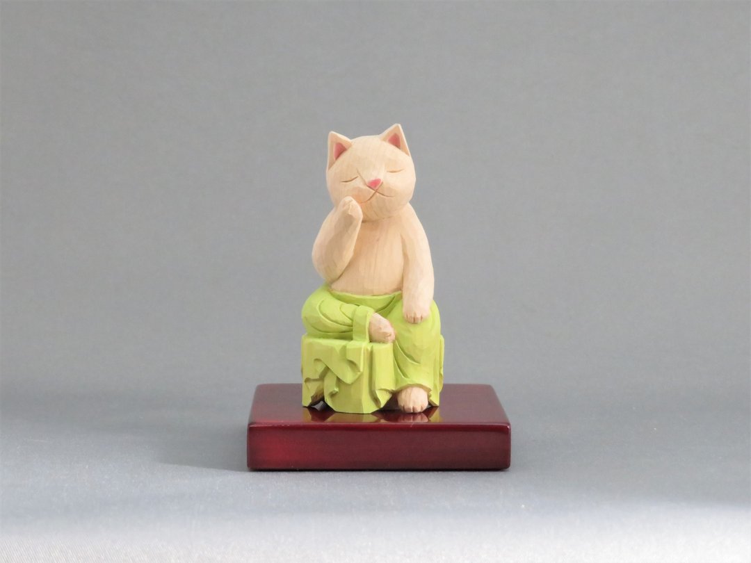 Wood carving Cat Buddha 1918 - 玩偶/公仔 - 木头 黄色