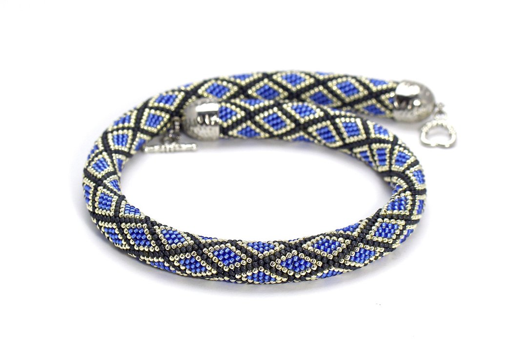 Seed Bead Necklace Bead Crocheted Choker Blue Silver Necklace Gift For Women - 项链 - 琉璃 蓝色