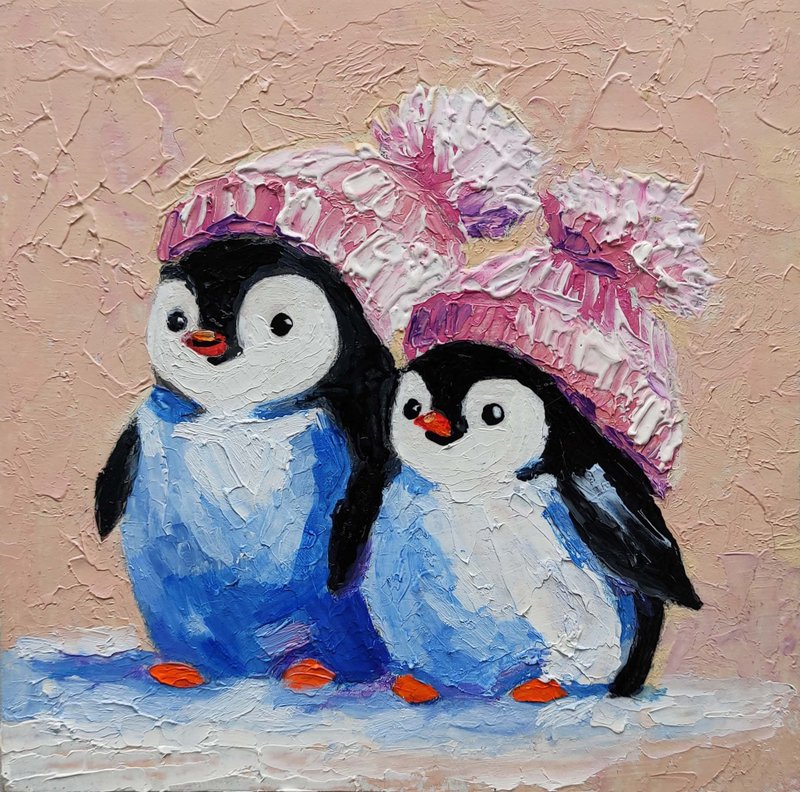 一对可爱的企鹅画原创雀墙艺术动物小艺术品，油画手工 - 海报/装饰画/版画 - 其他材质 多色