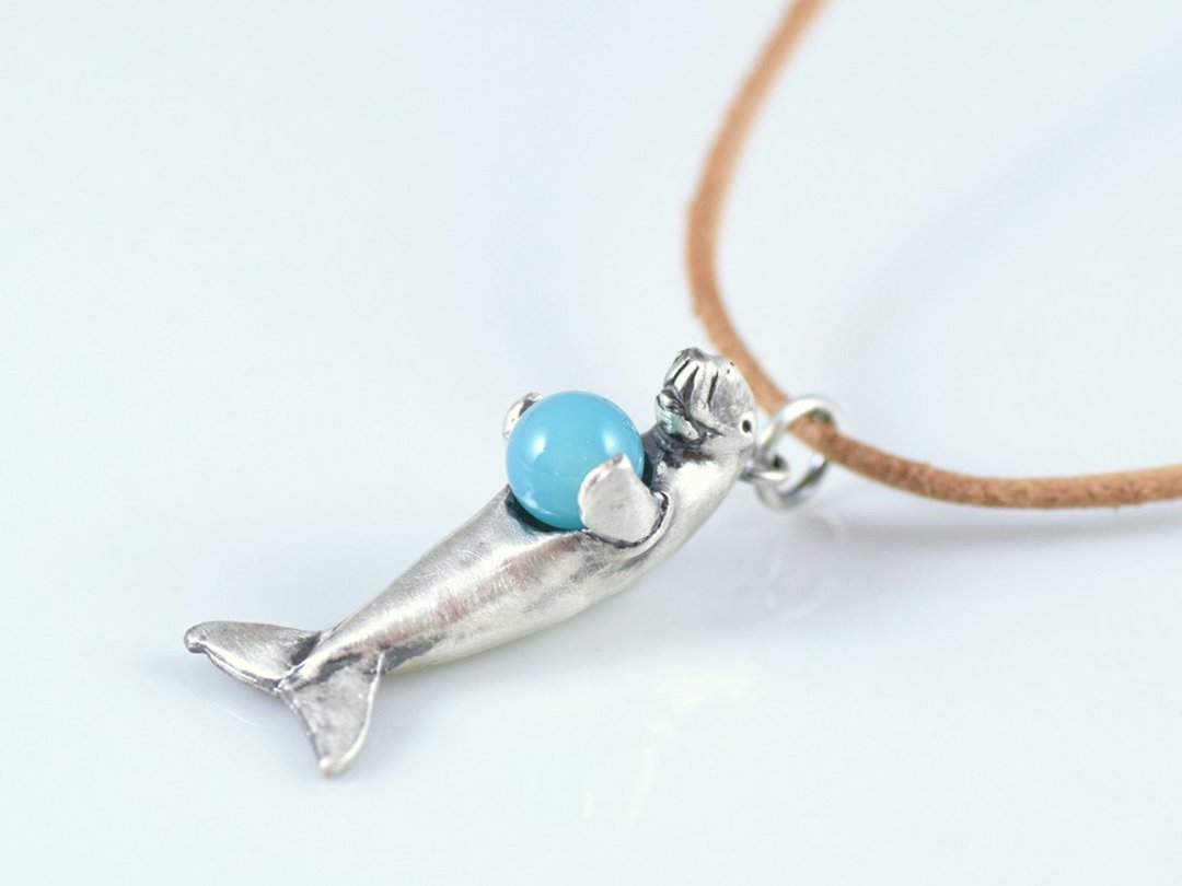 Dugong ball pendant Sea blue chalcedony with leather strap necklace - 项链 - 半宝石 银色