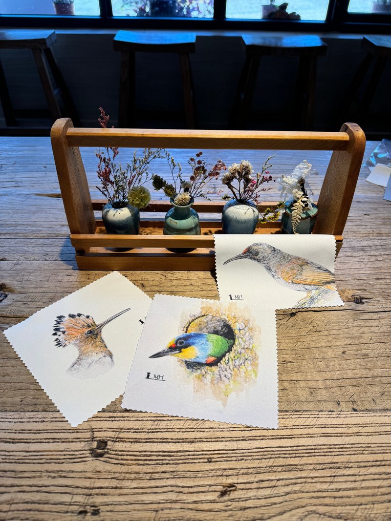 台湾 鸟 手绘 拭净布 3件组 - 眼镜盒/眼镜布 - 其他材质 白色