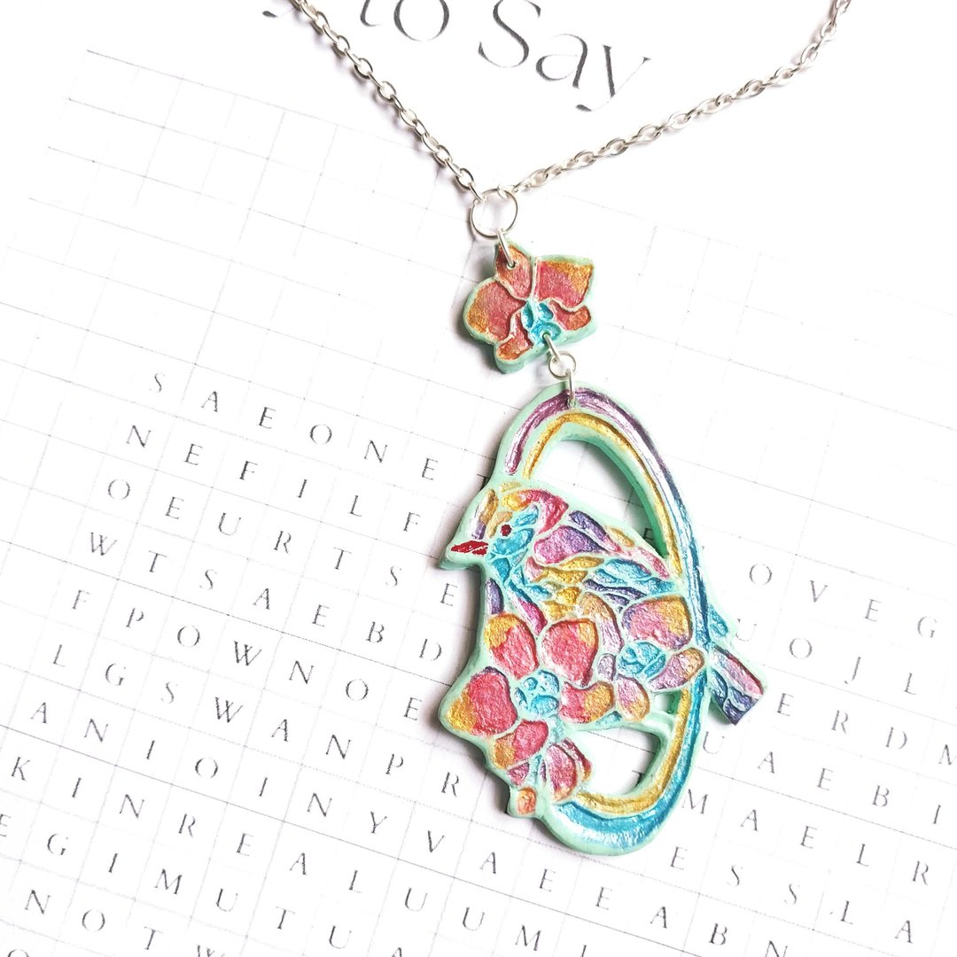 Trust in You - Bird couple with orchid flower polymer clay necklace - 项链 - 粘土 多色