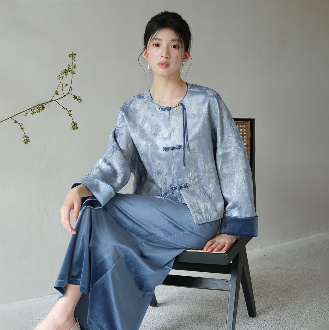【人丝提花】新中式复古中国风 拼绒肌理外套/半裙 - 女装上衣 - 其他材质 蓝色