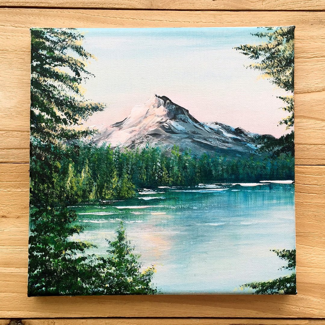 【日落雪山】原作风景丙烯画 | 粉红夕阳湖畔挂画 | 艺术家居布置 - 海报/装饰画/版画 - 棉．麻 