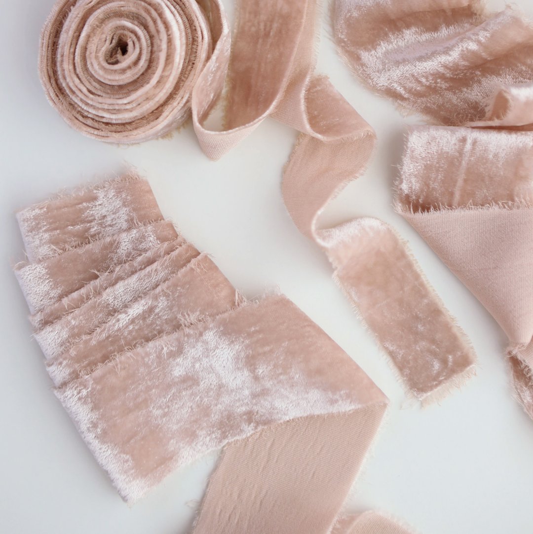 Velvet Silk Ribbon / Hand Dyed Velvet Silk Ribbon / Dusty Nude (muted nude pink) - 包装材料 - 丝．绢 粉红色