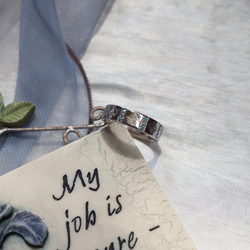 雕金戒指 蓝宝石 锆石 925银镀白k - 戒指 - 纯银 