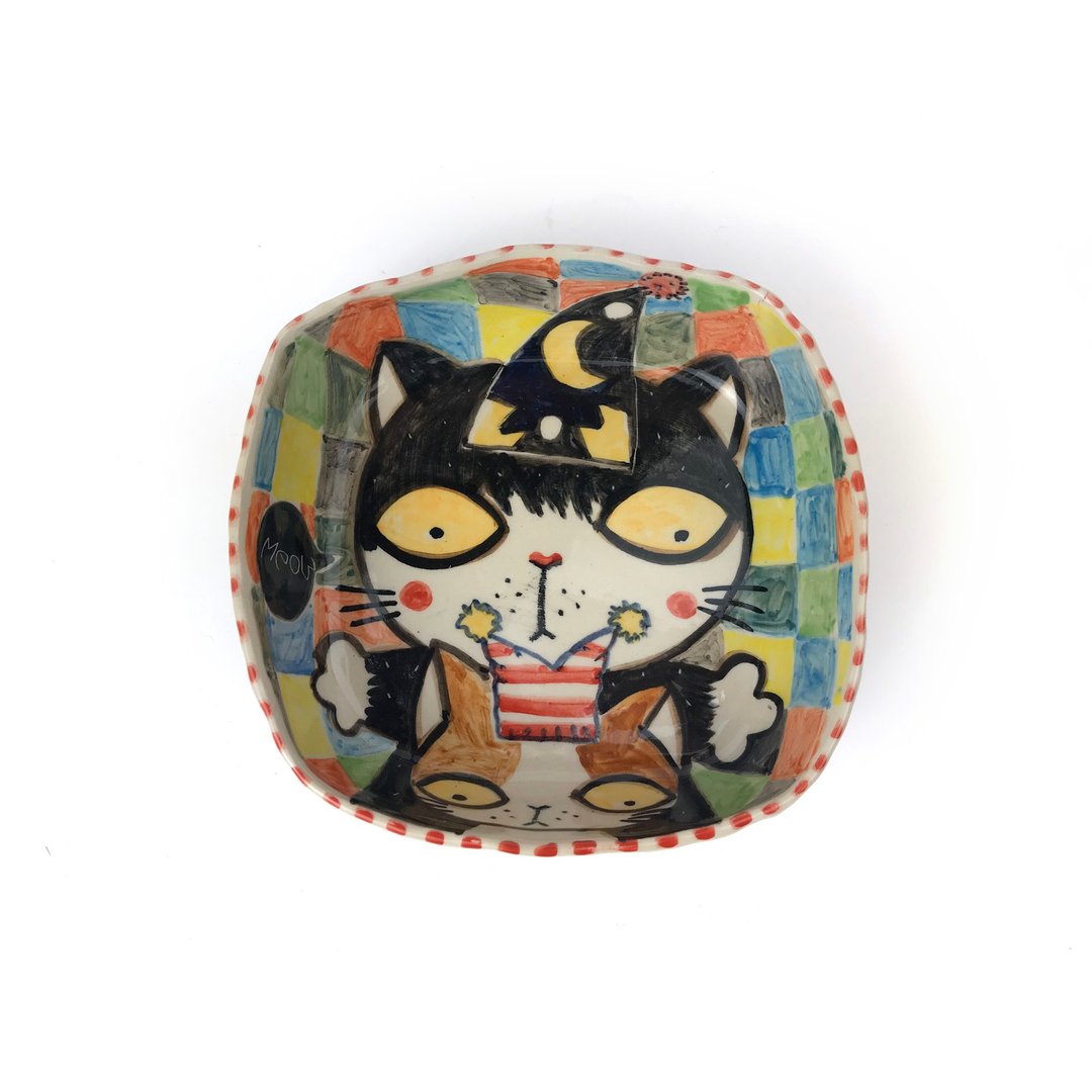 Nice Little Clay 四脚方盘 可爱猫 0302L-19 - 盘子/餐盘/盘架 - 陶 白色