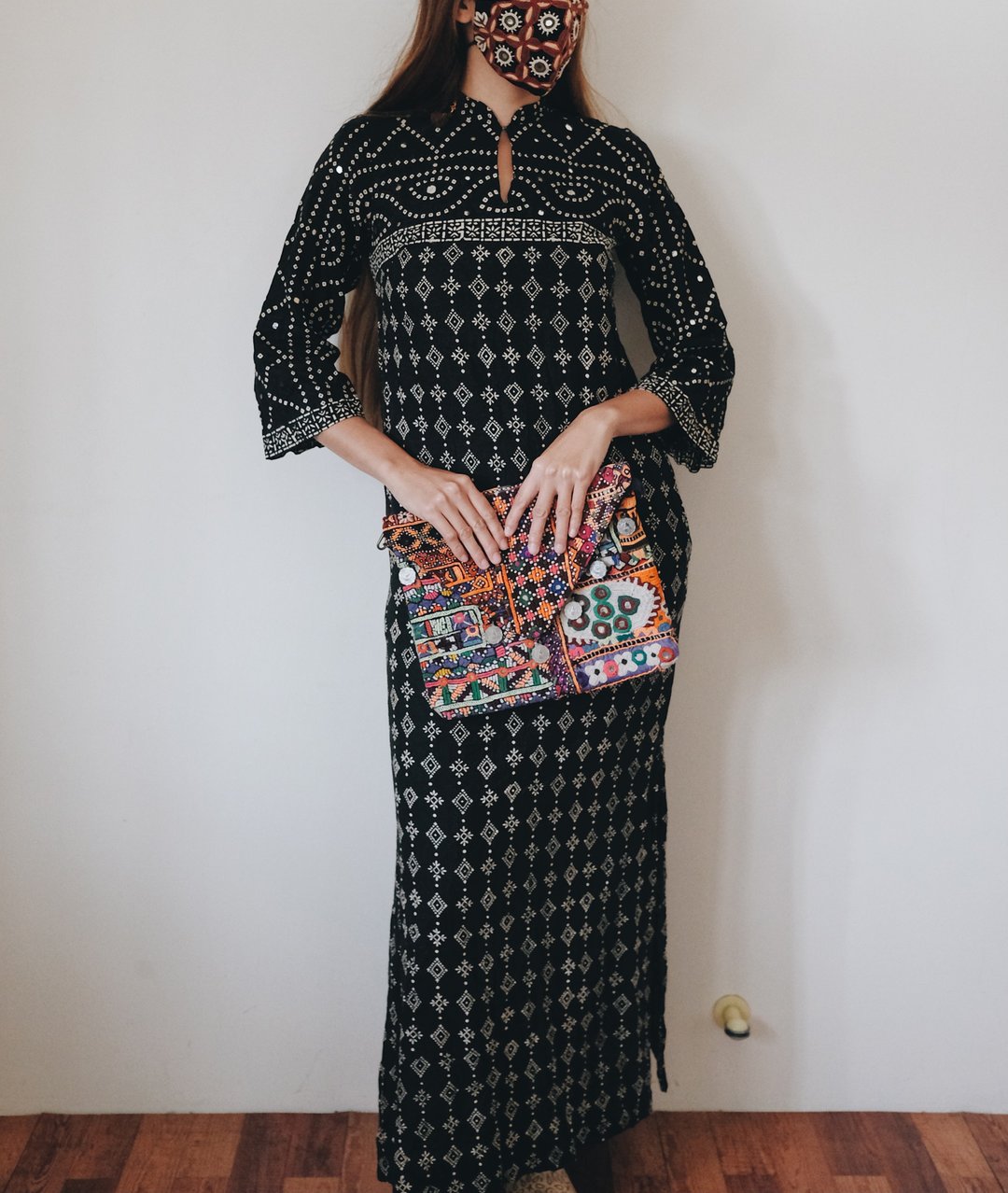 Vintage 70s dress 巴基斯坦盖印镜绣长袍洋装 - 洋装/连衣裙 - 棉 