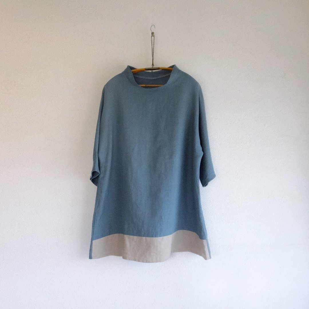 French linen tunic Antique green - 洋装/连衣裙 - 棉 蓝色