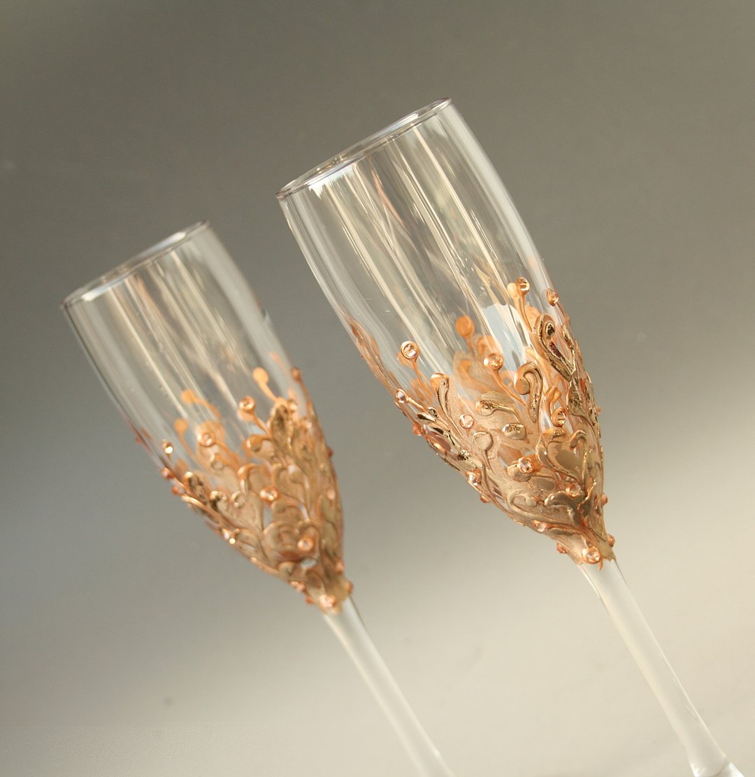 Rose Gold Champagne Glasses Wedding Toast, Hand Painted Set of 2 - 酒杯/酒器 - 玻璃 金色