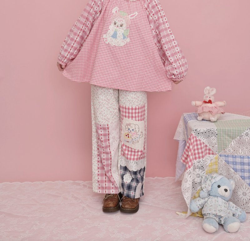 甜美少女 手作拼接蕾丝碎花格子长裤 - 女装长裤 - 其他材质 多色