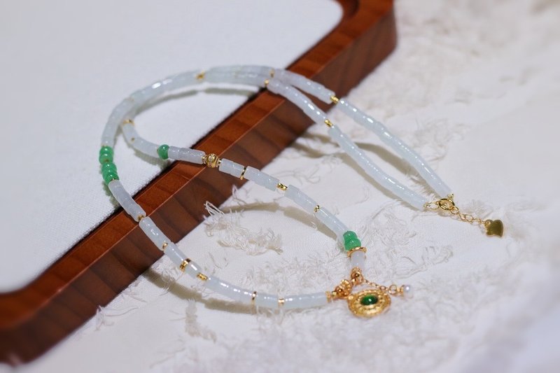 天然A货冰种翡翠项链锁骨链搭配黄财神吊坠 平安喜乐万事顺遂招财 - 项链 - 玉石 