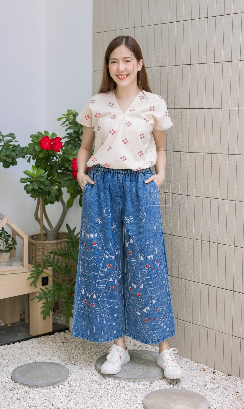 Shinmai 漂白石洗棉质长裤 带刺绣图案 腰部松紧 面料柔软 - 男士长裤 - 棉．麻 