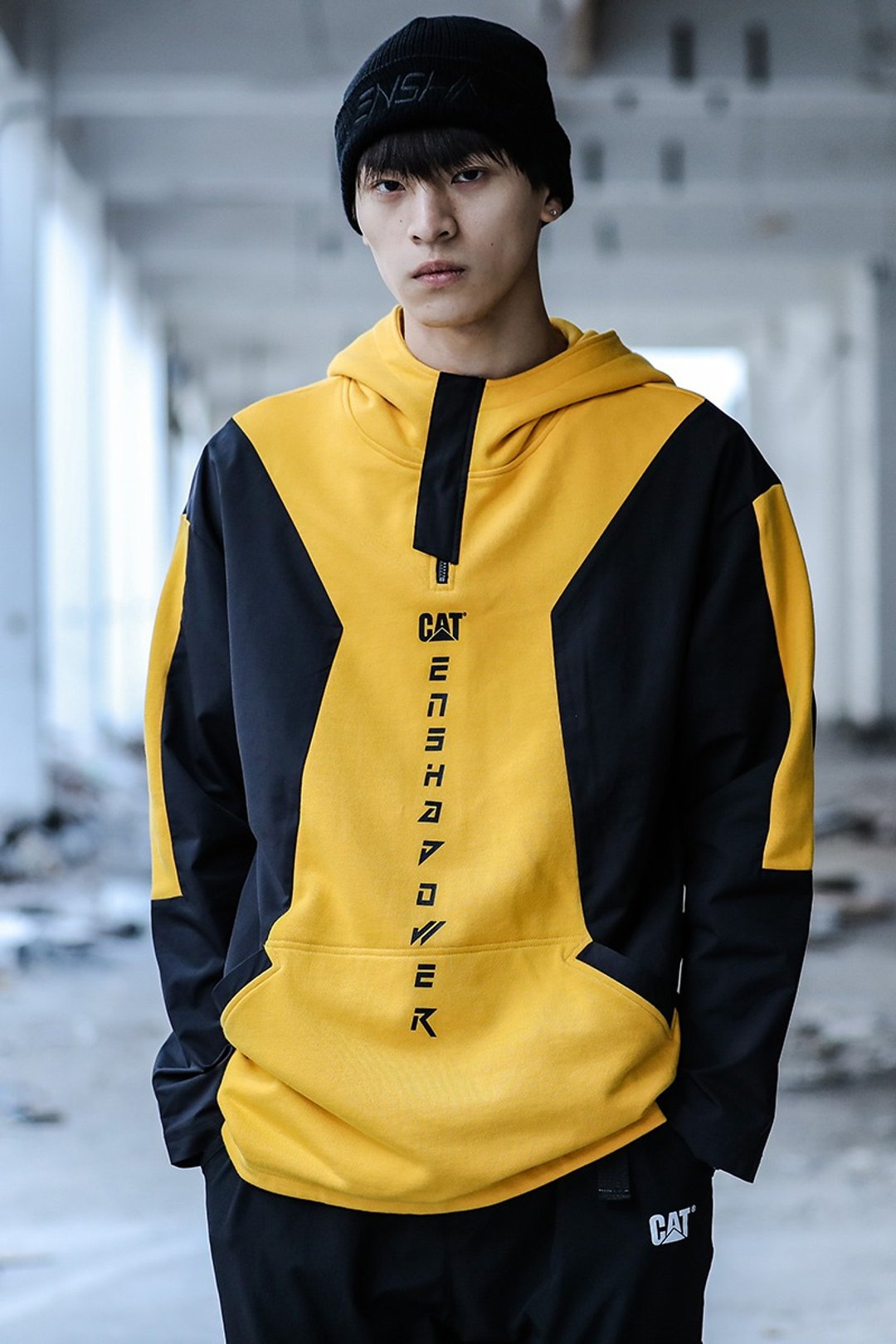 异色印花拼接连帽卫衣 宽鬆帽衫 - 中性连帽卫衣/T 恤 - 棉 黄色