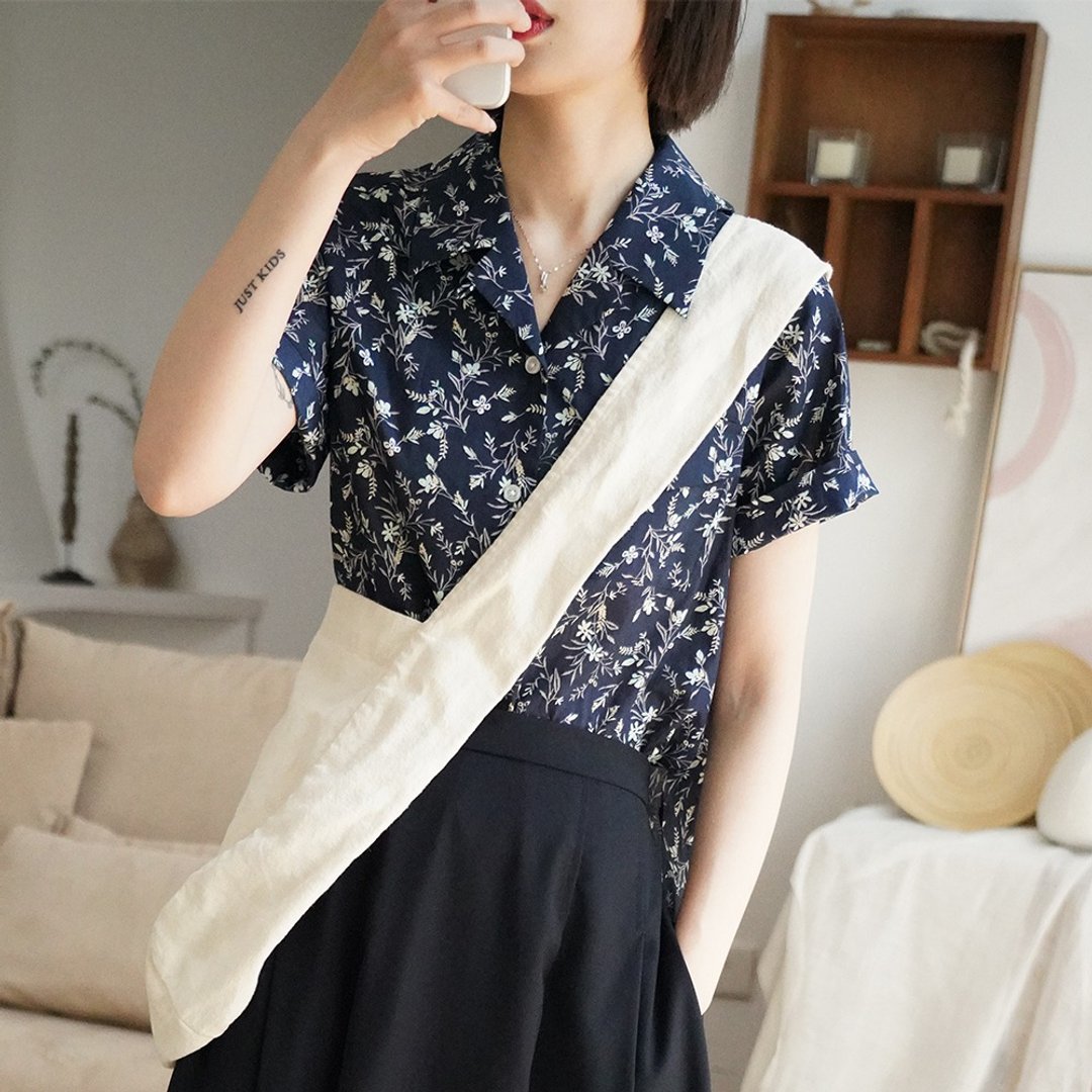 藏青色短袖碎花衬衫|衬衫|夏款|棉|Sora-469 - 女装衬衫 - 棉 