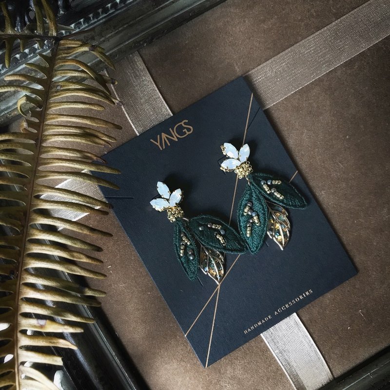 绿叶/手作耳环-耳针耳夹 - 耳环/耳夹 - 绣线 绿色