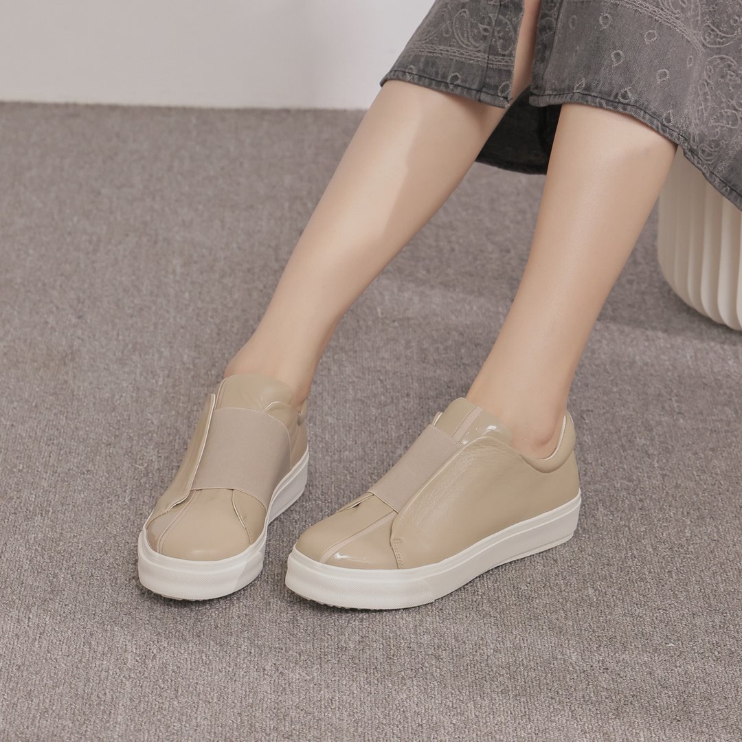宽绷带厚底休闲鞋-卡其色 - 女款休闲鞋 - 真皮 卡其色