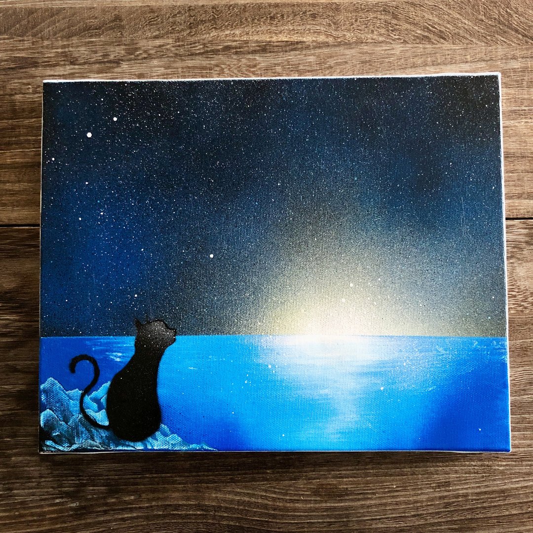 Feeling something good Original picture Sunrise x Sea x Black cat Blue Painting Canvas Landscape painting Spray art Interior panel - 海报/装饰画/版画 - 棉 蓝色