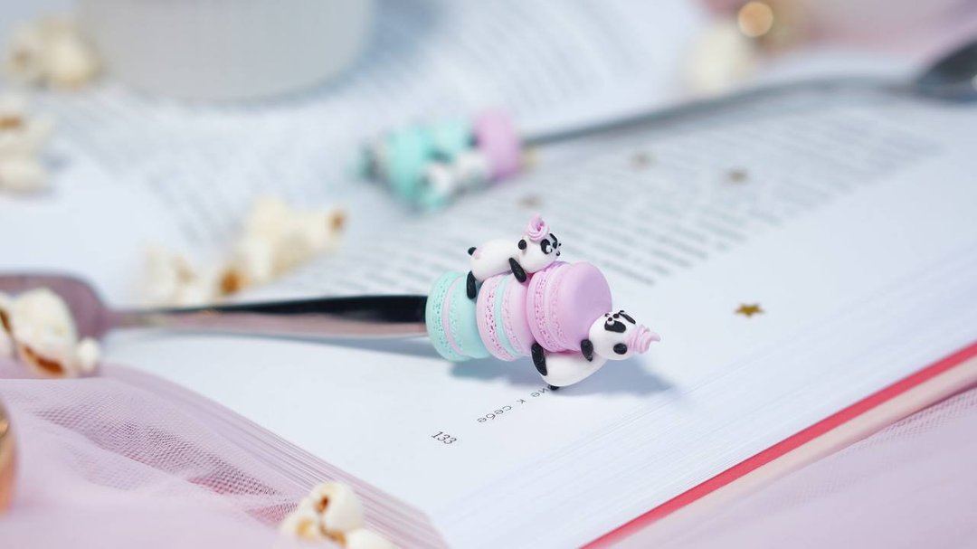 polymer clay spoon panda gift for birthday fork dessert custom decor cute - 花瓶/陶器 - 不锈钢 粉红色