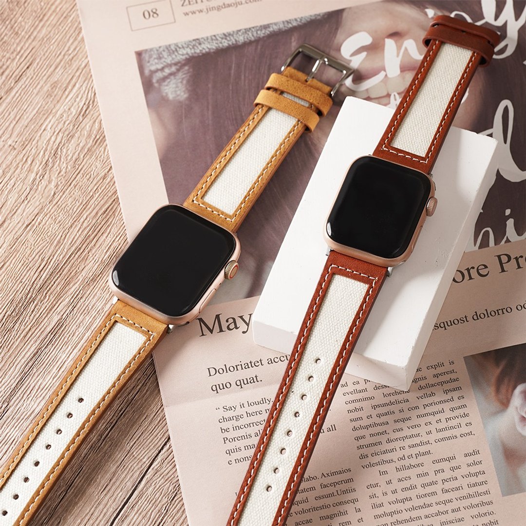 Apple watch - 真皮车缝包边帆布 苹果表带  设计 - 表带 - 真皮 咖啡色