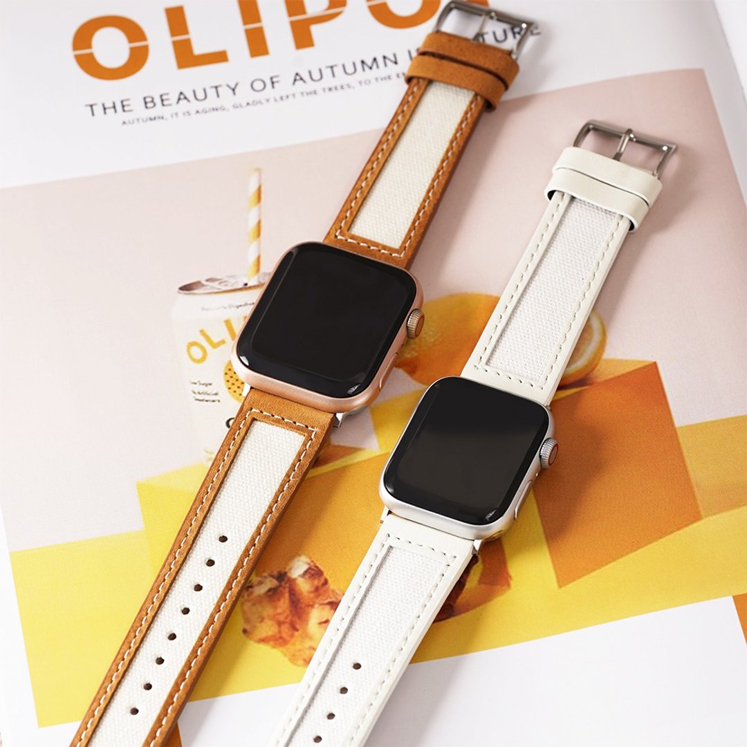 Apple watch - 真皮车缝包边帆布 苹果表带  设计 - 女表 - 真皮 咖啡色
