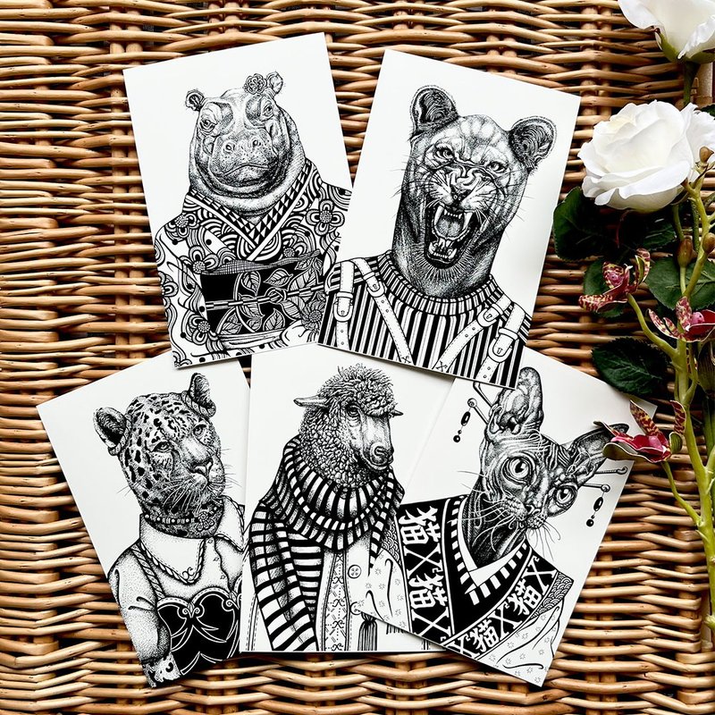 动物画明信片 明信片迷你画 5 件套，自由组合 - 卡片/明信片 - 纸 黑色