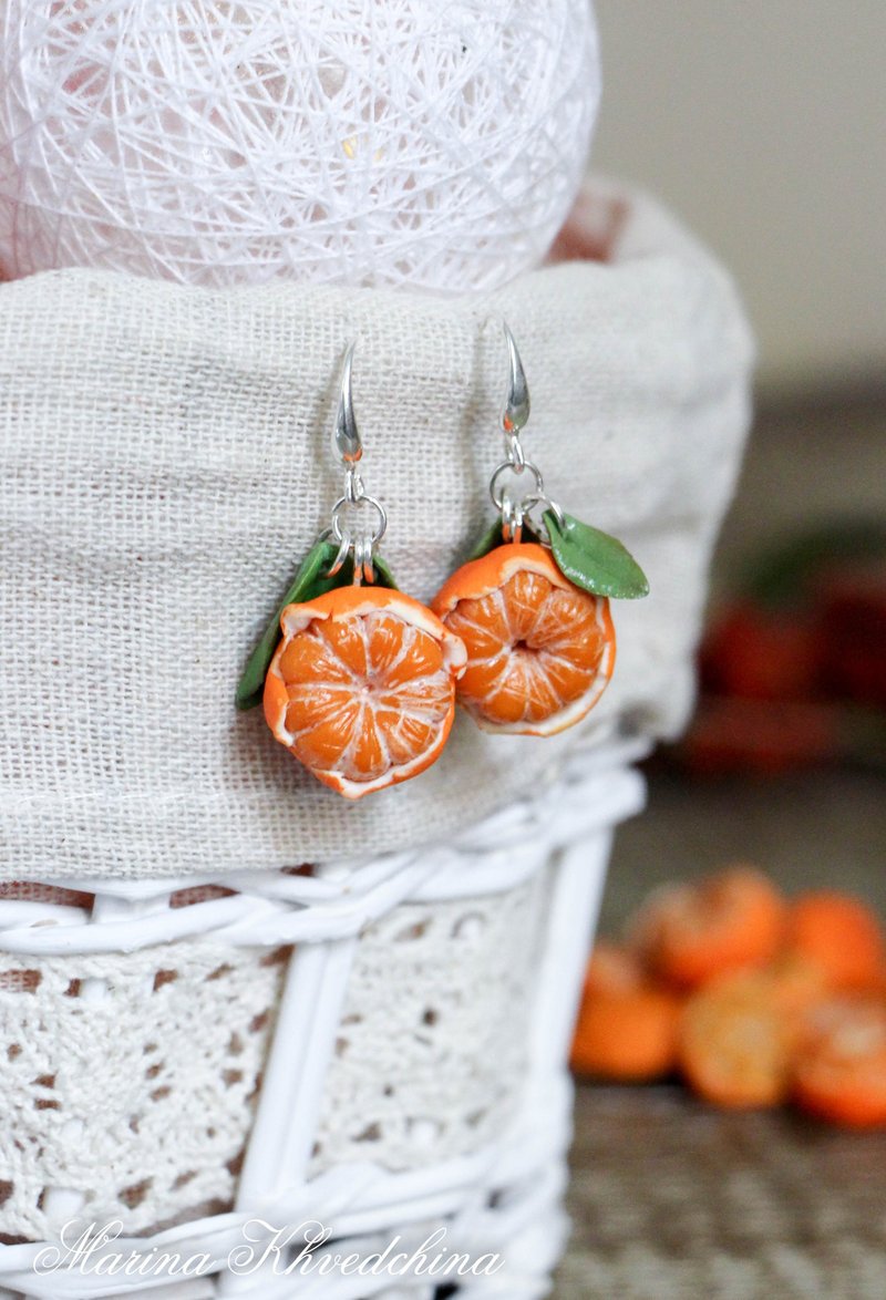 Mandarin earrings Mandarin Tangerine Jewelry Jewelry gift for her - 耳环/耳夹 - 粘土 橘色
