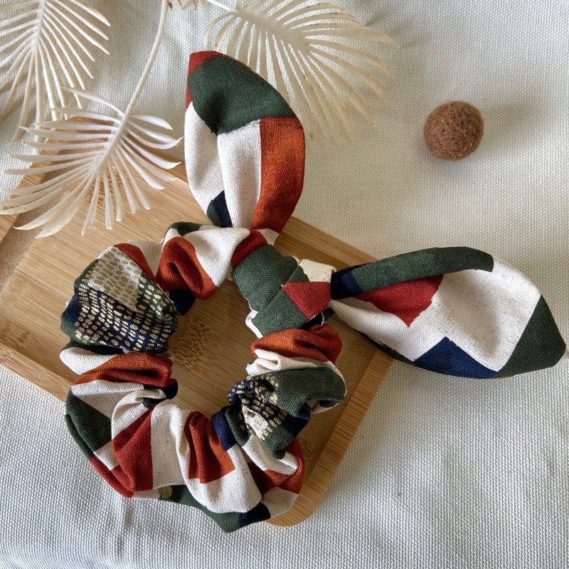 大肠圈/兔耳大肠圈/发束/拼接色块-砖红 绿 - 发饰 - 棉．麻 多色