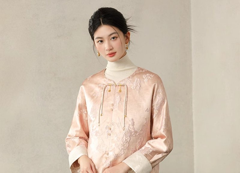 新中式中国风 高级金丝顺色提花夹棉外套 - 女装上衣 - 聚酯纤维 粉红色