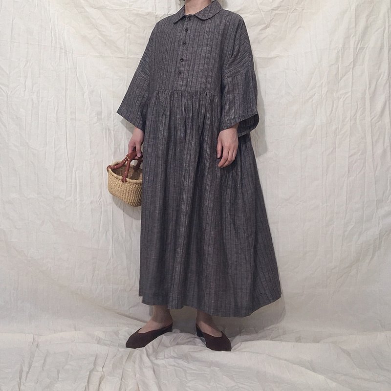法国亚麻 翻领细褶洋装 连身裙 褐色条纹 - 洋装/连衣裙 - 棉．麻 咖啡色