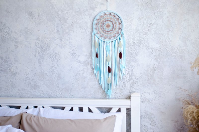 Large Baby blue mandala dream catcher boho nursery ฝันจับมันดาลา - 墙贴/壁贴 - 绣线 蓝色